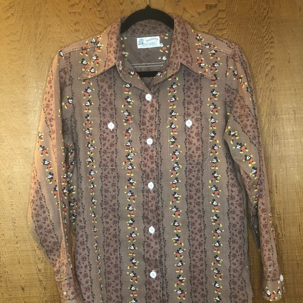 Vintage Kennington Long Sleeve Button up Mickey Mouse Floral shirt 60s 70s